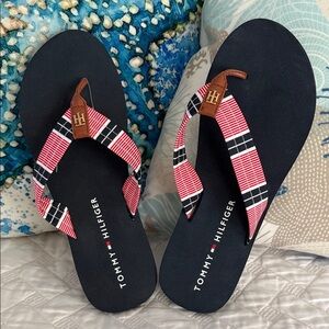 Tommy Hilfiger Navy Black Red Plaid Flip Flops